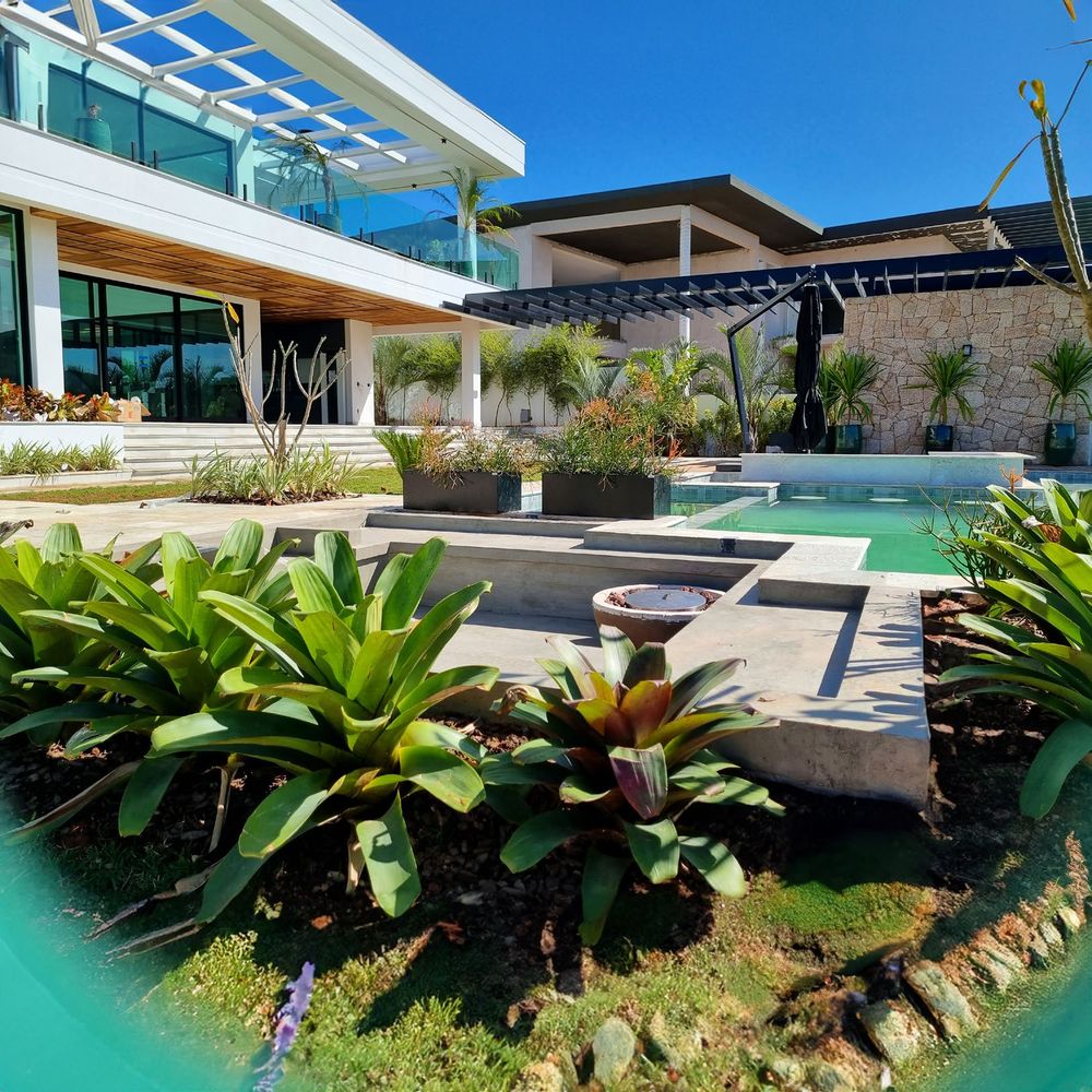 Projeto de paisagismo integrando piscina, deck e vegetação